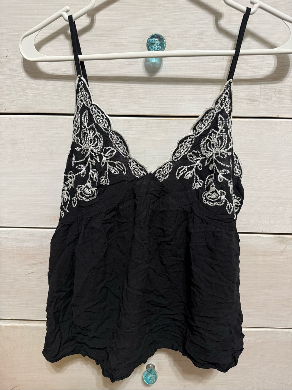 Black Camisole Tank with White Floral Embroidery